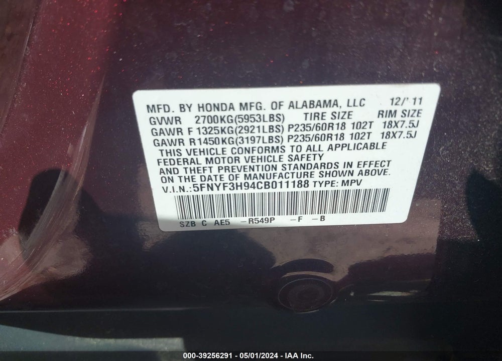 2012 HONDA PILOT TOURING VIN: 5FNYF3H94CB011188