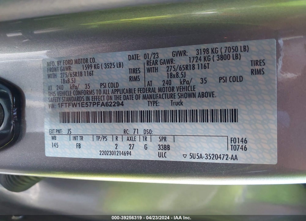 2023 FORD F-150 XLT VIN: 1FTFW1E57PFA62294