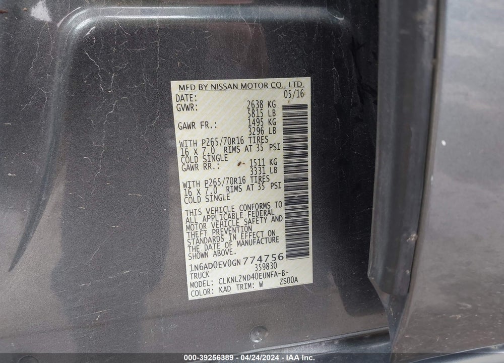 2016 NISSAN FRONTIER SV VIN: 1N6AD0EV0GN774756