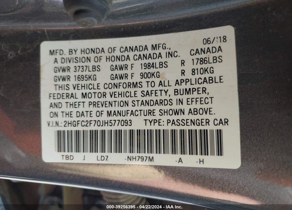 2018 HONDA CIVIC EX VIN: 2HGFC2F70JH577093
