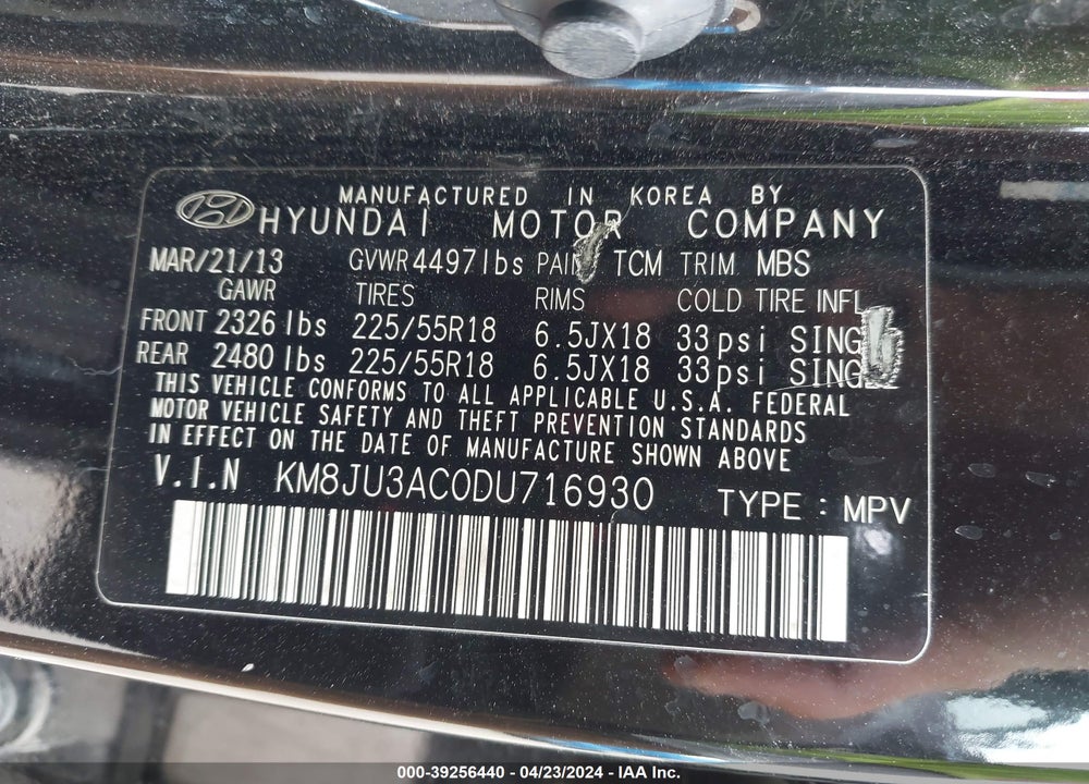 2013 HYUNDAI TUCSON LIMITED VIN: KM8JU3AC0DU716930
