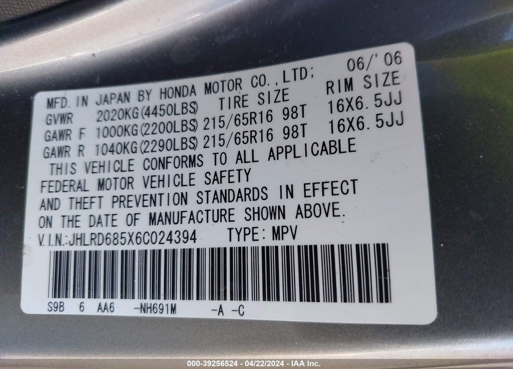 2006 HONDA CR-V LX VIN: JHLRD685X6C024394