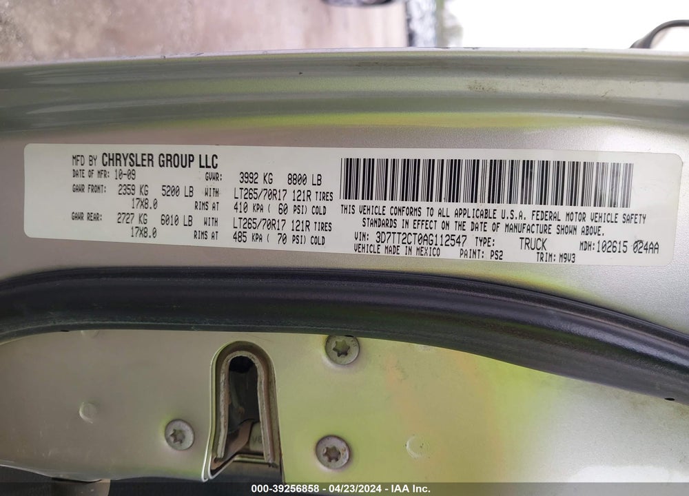 2010 DODGE RAM 2500 VIN: 3D7TT2CT0AG112547