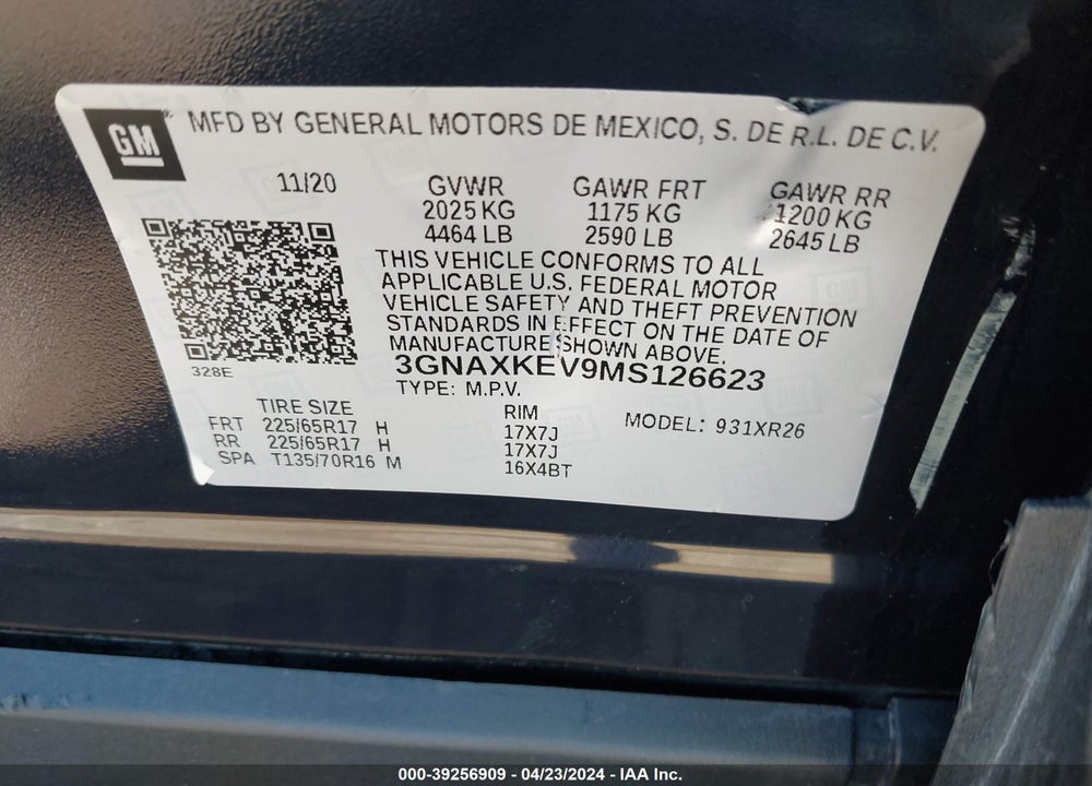 2021 CHEVROLET EQUINOX FWD LT VIN: 3GNAXKEV9MS126623