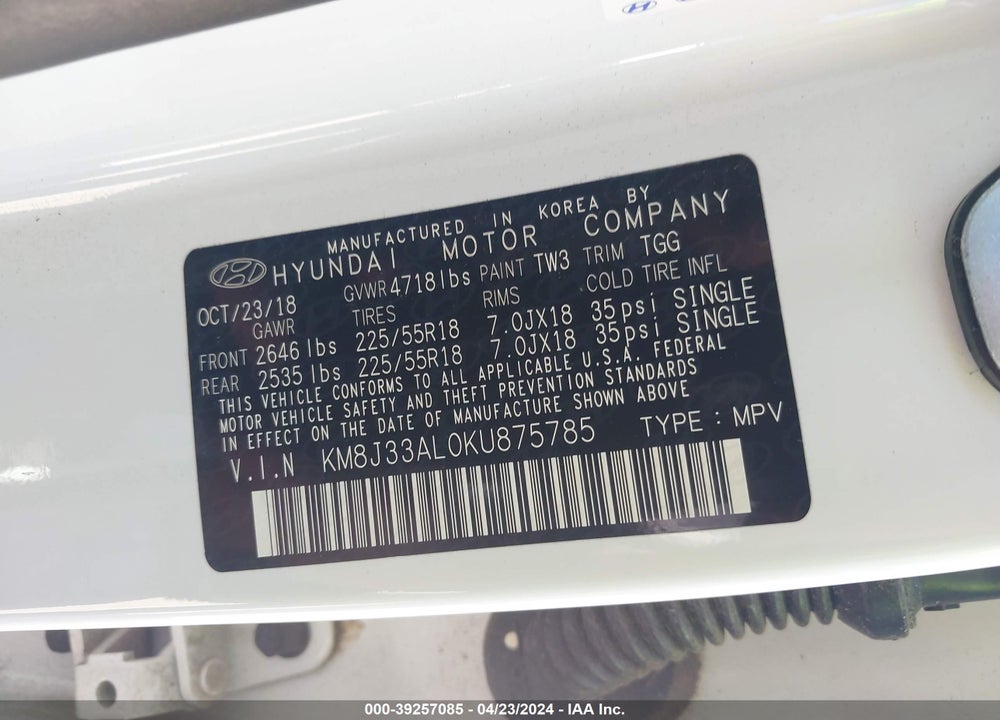 2019 HYUNDAI TUCSON SEL VIN: KM8J33AL0KU875785