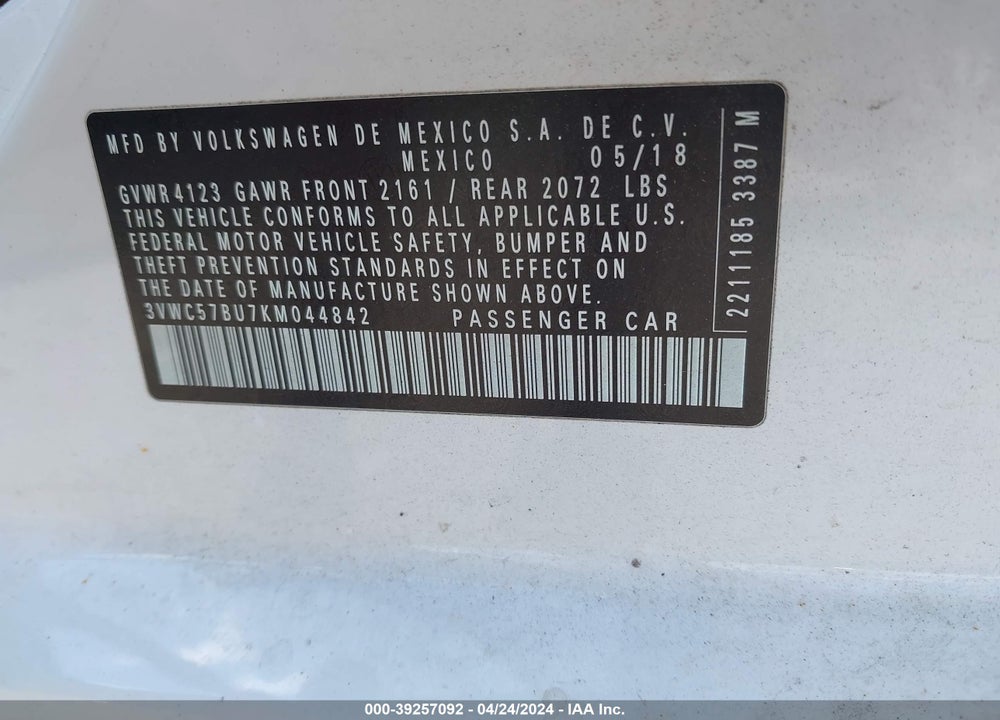 2019 VOLKSWAGEN JETTA 1.4T R-LINE/1.4T S/1.4T SE VIN: 3VWC57BU7KM044842