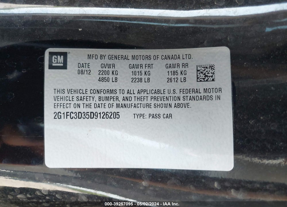 2013 CHEVROLET CAMARO 2LT VIN: 2G1FC3D35D9126205