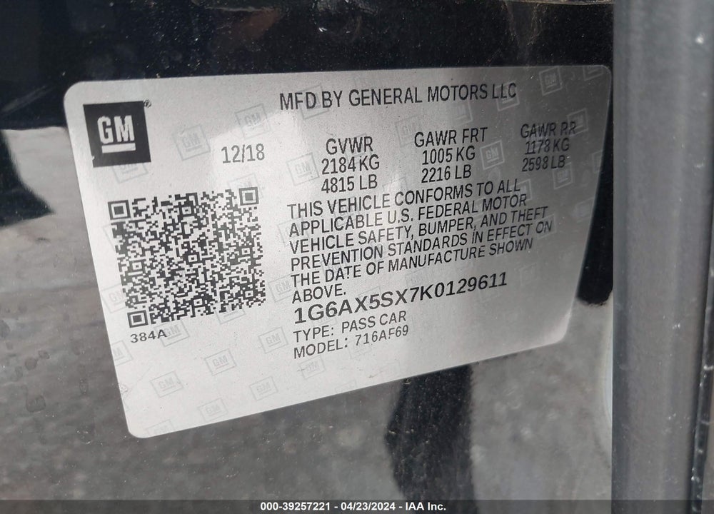2019 CADILLAC CTS LUXURY VIN: 1G6AX5SX7K0129611