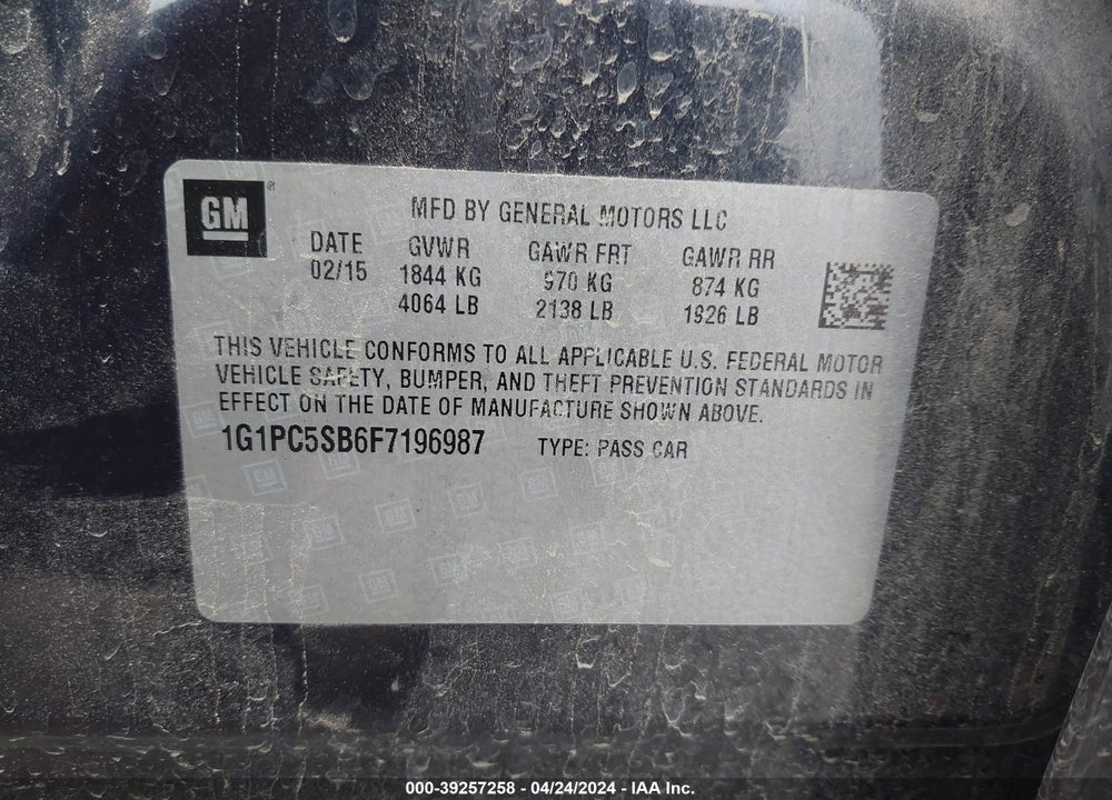 2015 CHEVROLET CRUZE 1LT AUTO VIN: 1G1PC5SB6F7196987