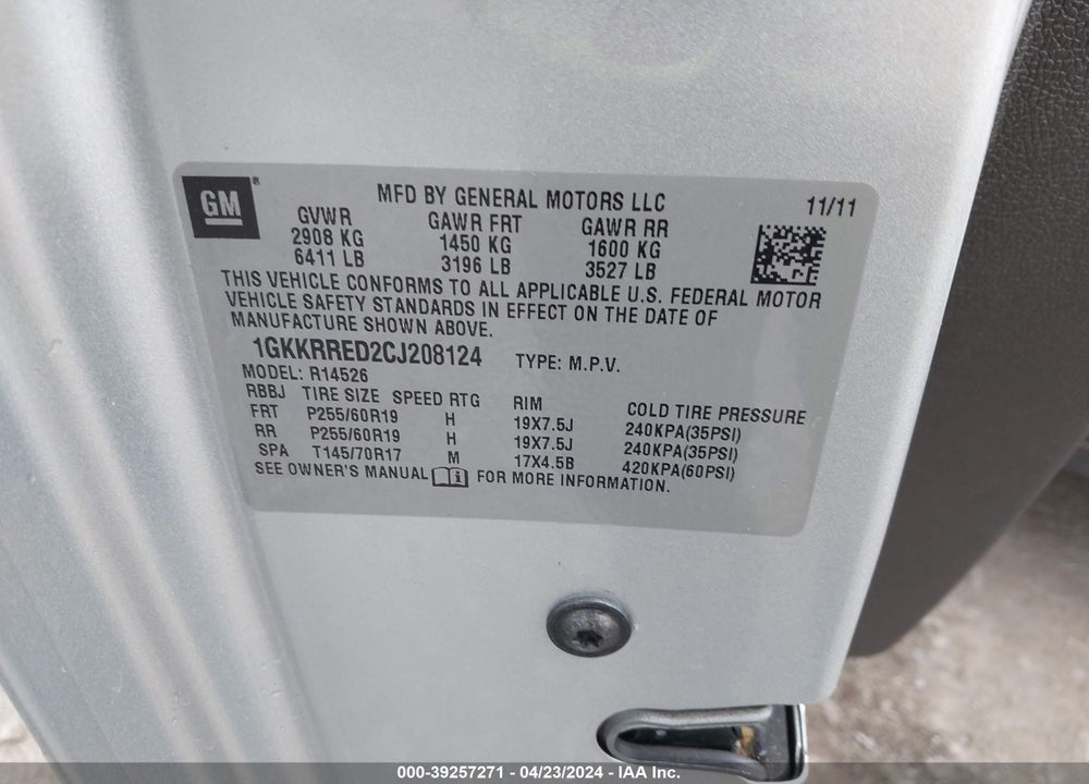 2012 GMC ACADIA SLT-1 VIN: 1GKKRRED2CJ208124