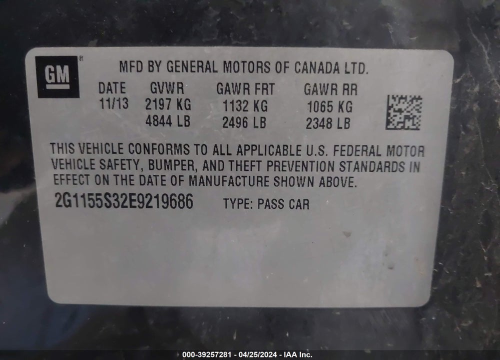 2014 CHEVROLET IMPALA 2LZ VIN: 2G1155S32E9219686