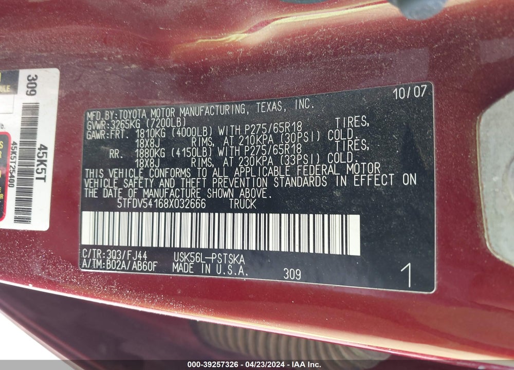 2008 TOYOTA TUNDRA SR5 5.7L V8 VIN: 5TFDV54168X032666
