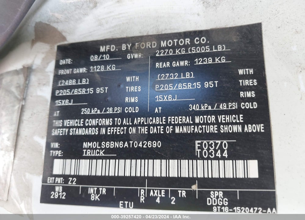 2010 FORD TRANSIT CONNECT XLT VIN: NM0LS6BN6AT042690