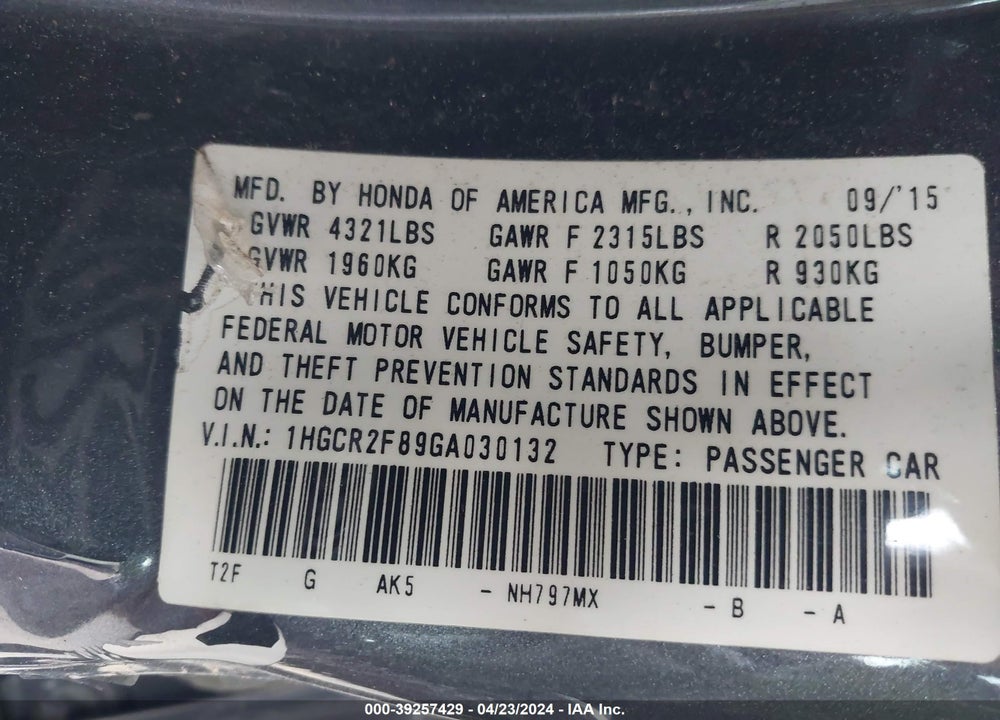 2016 HONDA ACCORD EX-L VIN: 1HGCR2F89GA030132