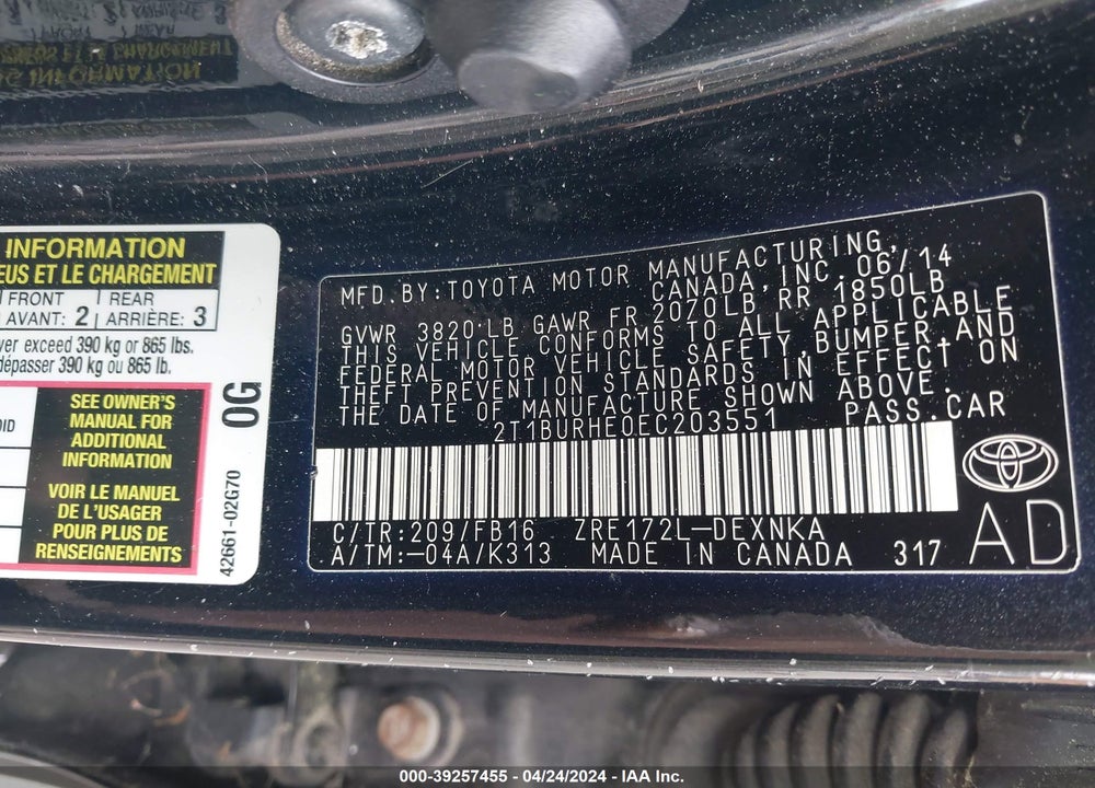 2014 TOYOTA COROLLA LE VIN: 2T1BURHE0EC203551