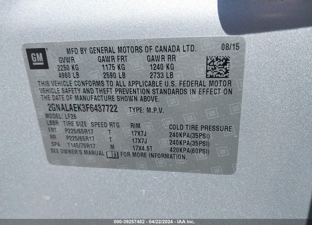 2015 CHEVROLET EQUINOX LS VIN: 2GNALAEK3F6437722