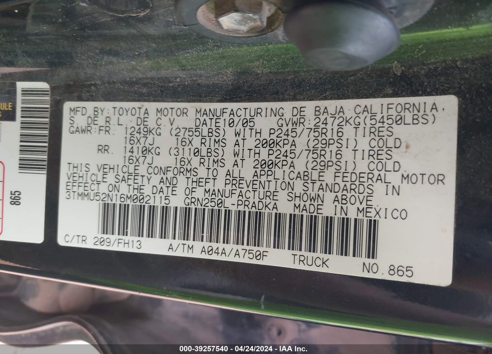 2006 TOYOTA TACOMA BASE V6 VIN: 3TMMU52N16M002115