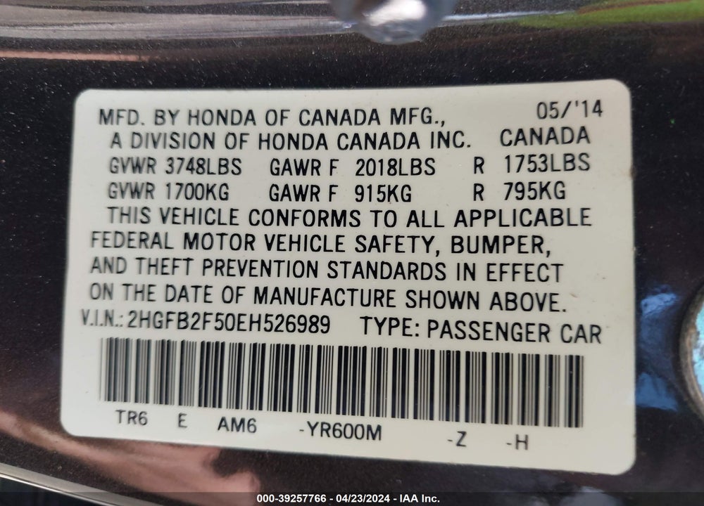 2014 HONDA CIVIC LX VIN: 2HGFB2F50EH526989