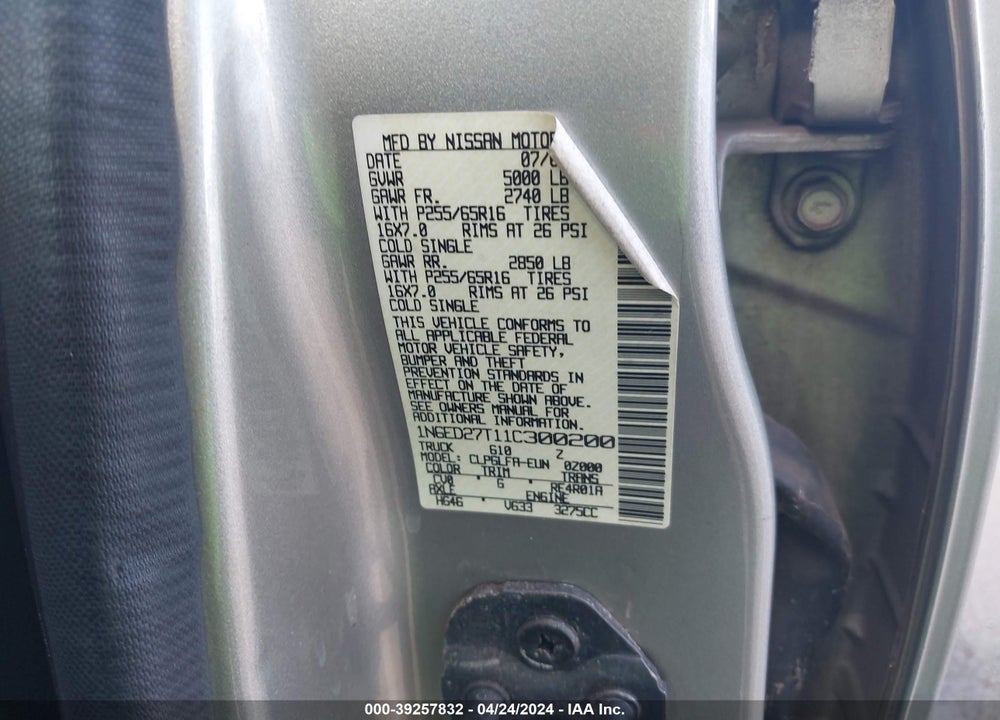 2001 NISSAN FRONTIER SE-V6 VIN: 1N6ED27T11C300200