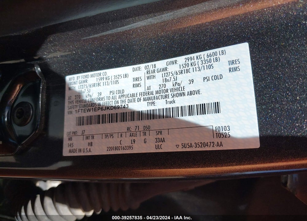 2018 FORD F-150 LARIAT VIN: 1FTEW1EP6JKD69743