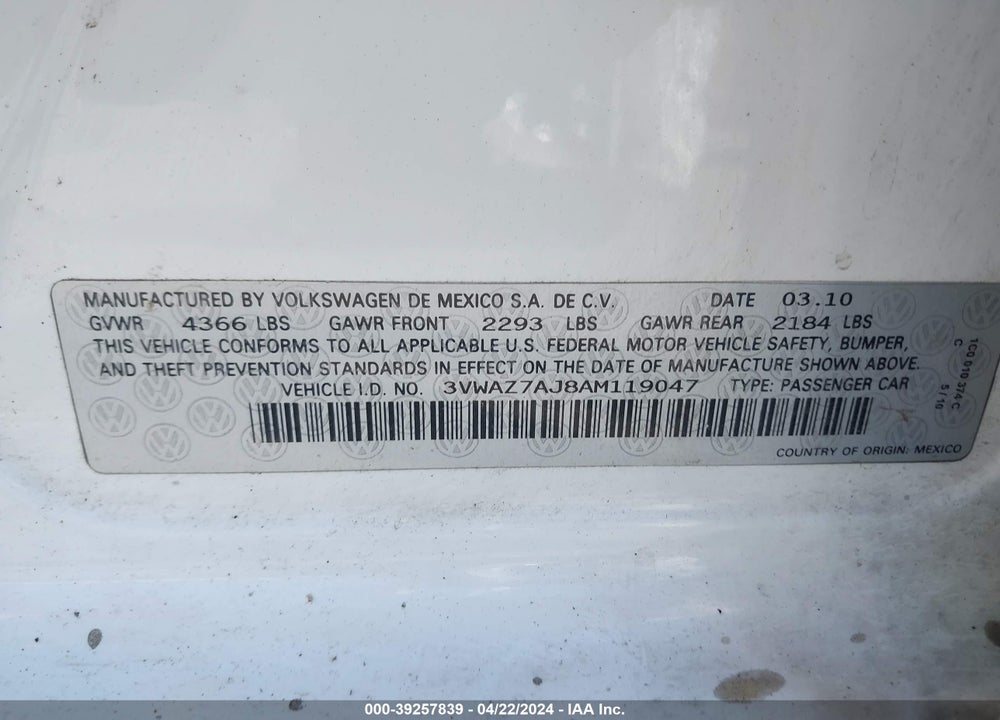 2010 VOLKSWAGEN JETTA VIN: 3VWAZ7AJ8AM119047