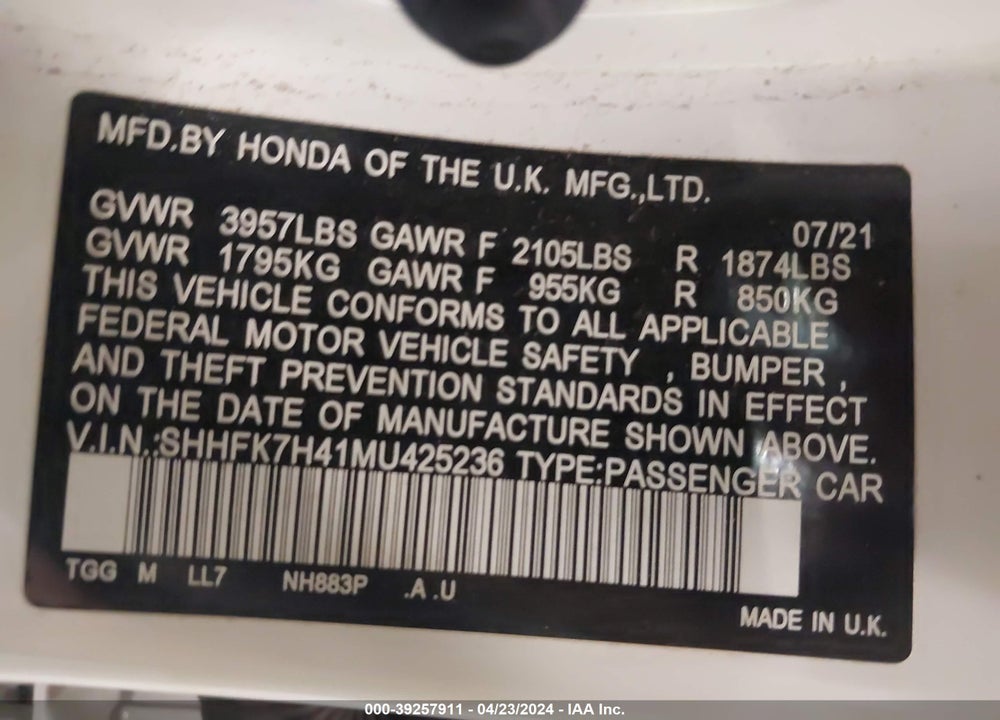 2021 HONDA CIVIC SPORT VIN: SHHFK7H41MU425236