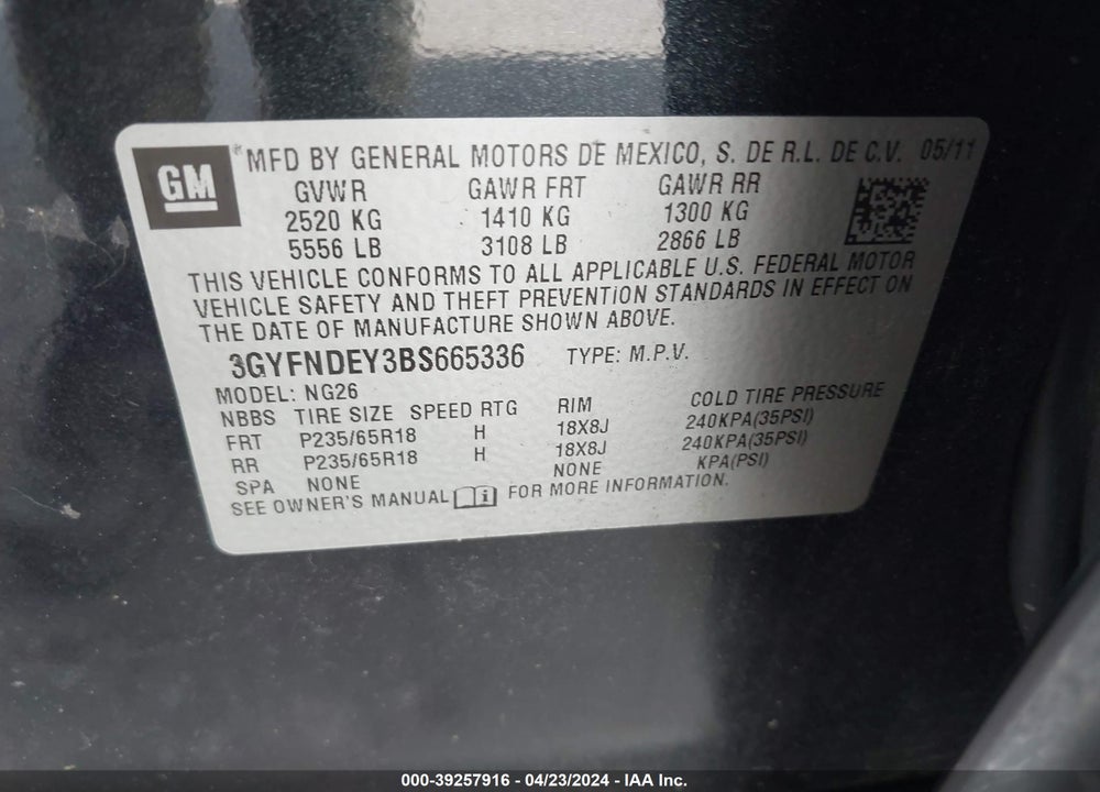 2011 CADILLAC SRX LUXURY COLLECTION VIN: 3GYFNDEY3BS665336