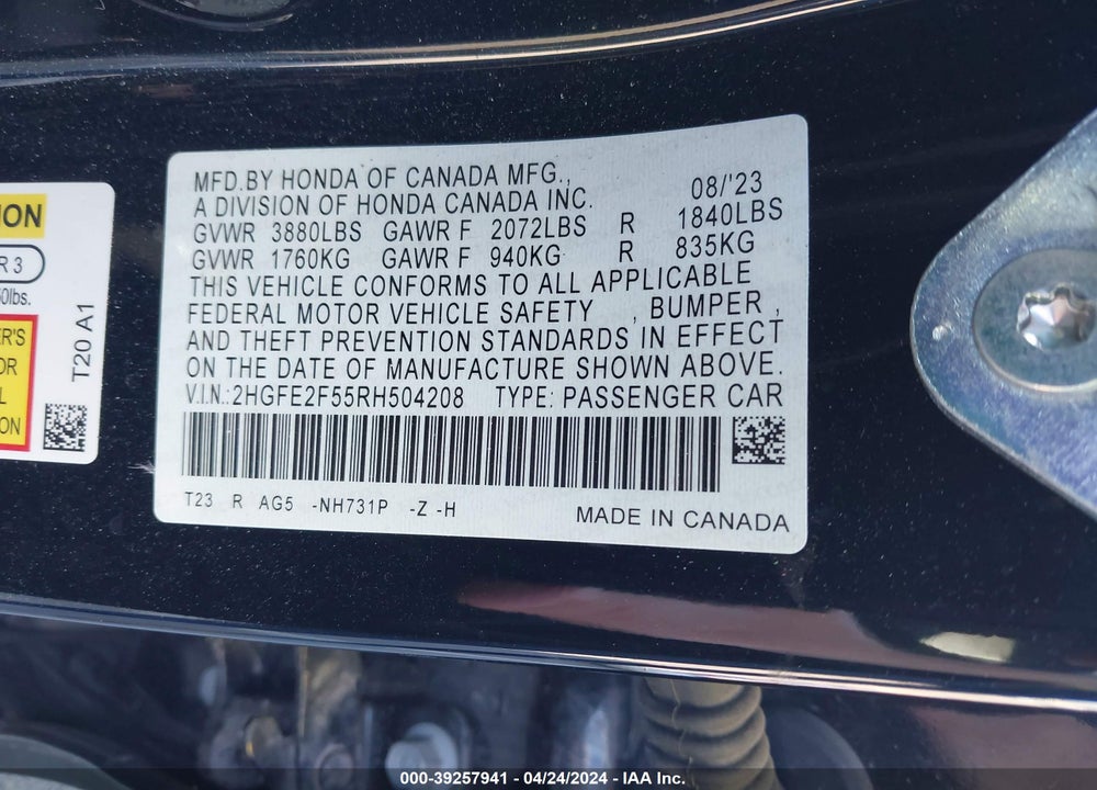 2024 HONDA CIVIC SPORT VIN: 2HGFE2F55RH504208