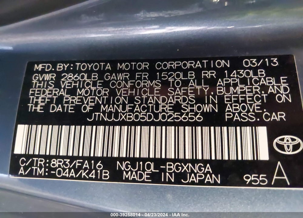2013 SCION IQ VIN: JTNJJXB05DJ025656