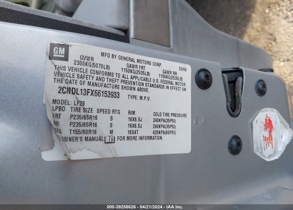 2006 CHEVROLET EQUINOX LS VIN: 2CNDL13FX66153933