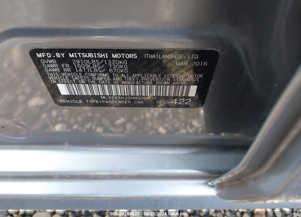 2017 MITSUBISHI MIRAGE ES VIN: ML32A3HJ3HH006802