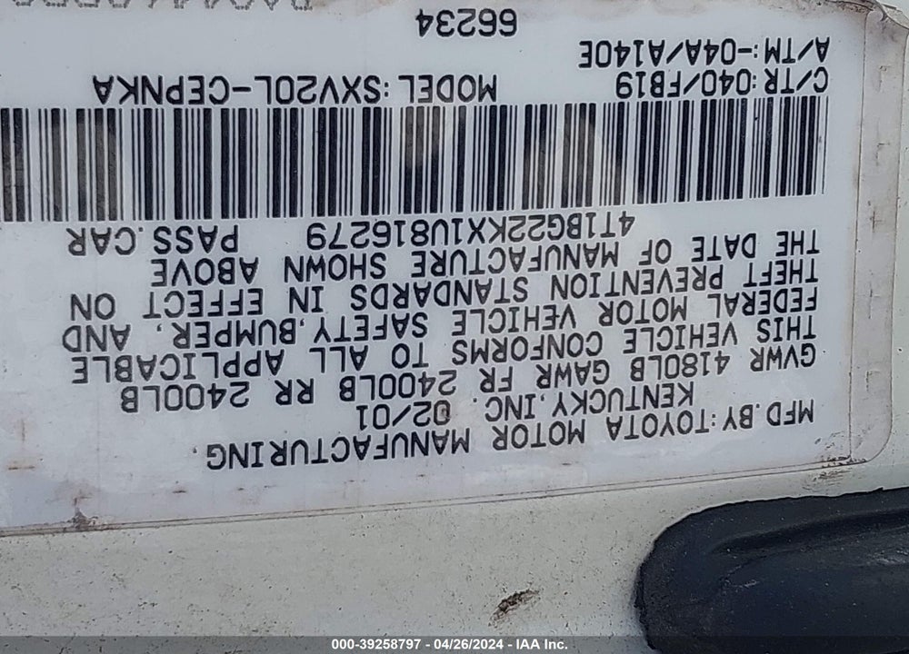 2001 TOYOTA CAMRY LE VIN: 4T1BG22KX1U816279
