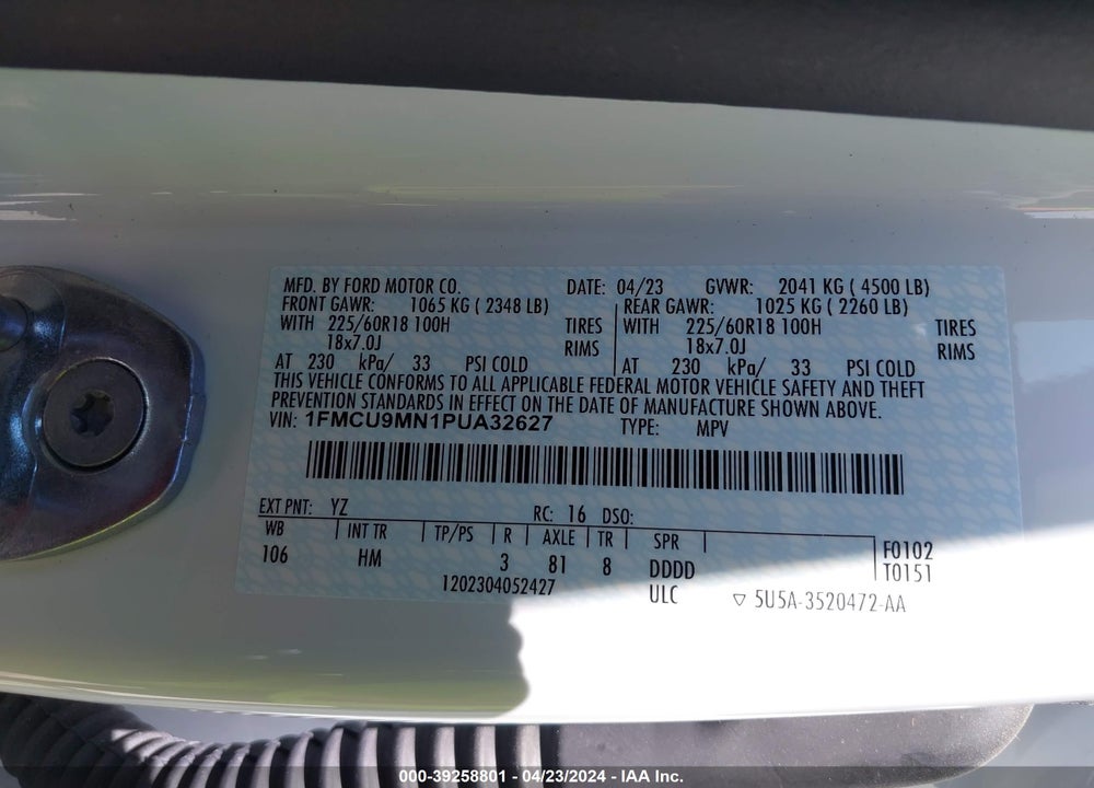 2023 FORD ESCAPE ST LINE VIN: 1FMCU9MN1PUA32627