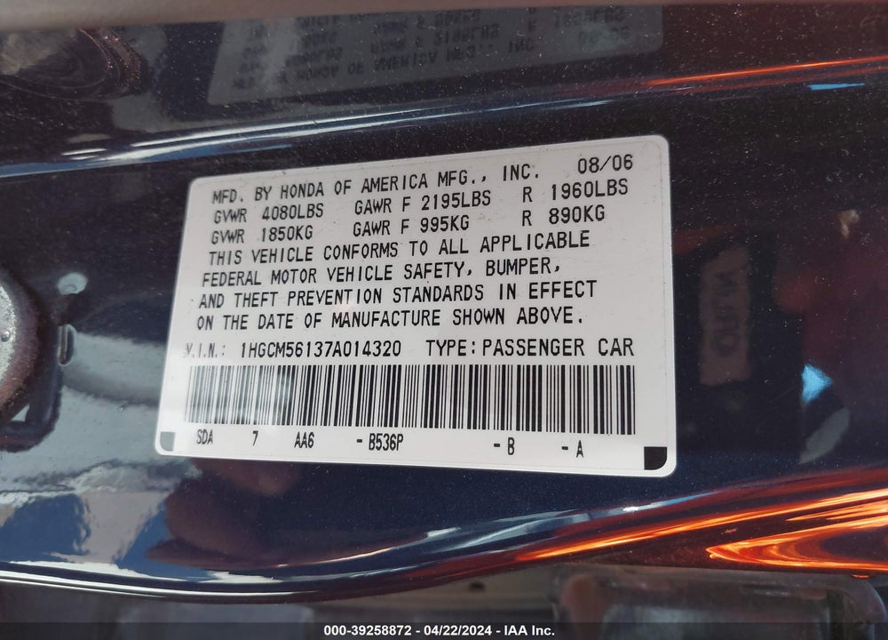 2007 HONDA ACCORD 2.4 VP VIN: 1HGCM56137A014320