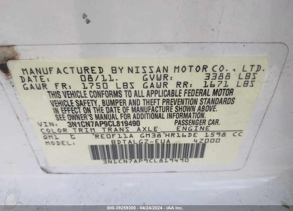 2012 NISSAN VERSA 1.6 SL VIN: 3N1CN7AP9CL819490