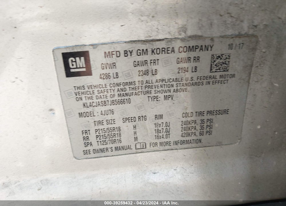 2018 BUICK ENCORE PREFERRED VIN: KL4CJASB7JB566610