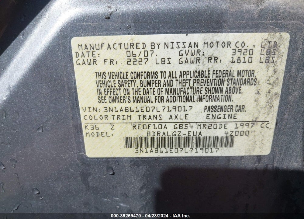 2007 NISSAN SENTRA 2.0SL VIN: 3N1AB61E07L719017