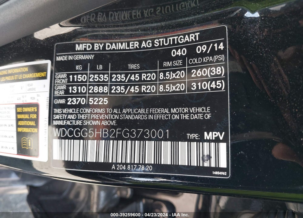 2015 MERCEDES-BENZ GLK 350 VIN: WDCGG5HB2FG373001