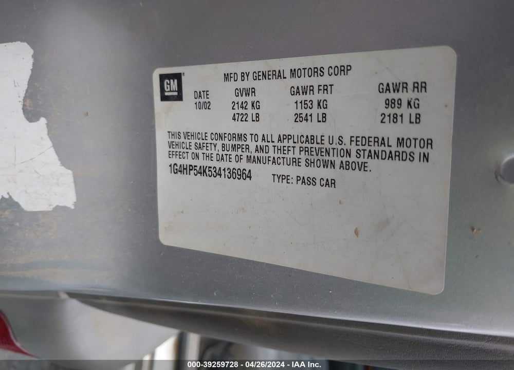 2003 BUICK LESABRE CUSTOM VIN: 1G4HP54K534136964