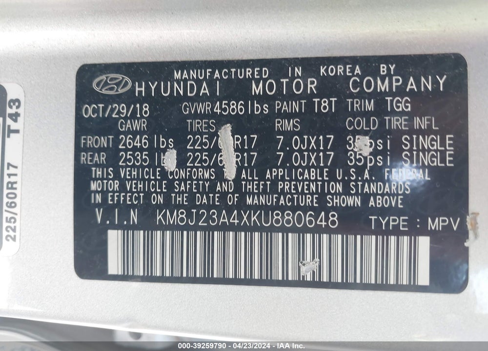 2019 HYUNDAI TUCSON SE VIN: KM8J23A4XKU880648