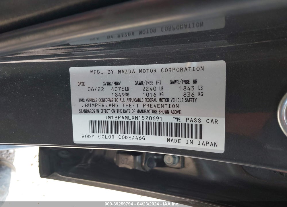 2022 MAZDA 3 PREMIUM VIN: JM1BPAMLXN1520691
