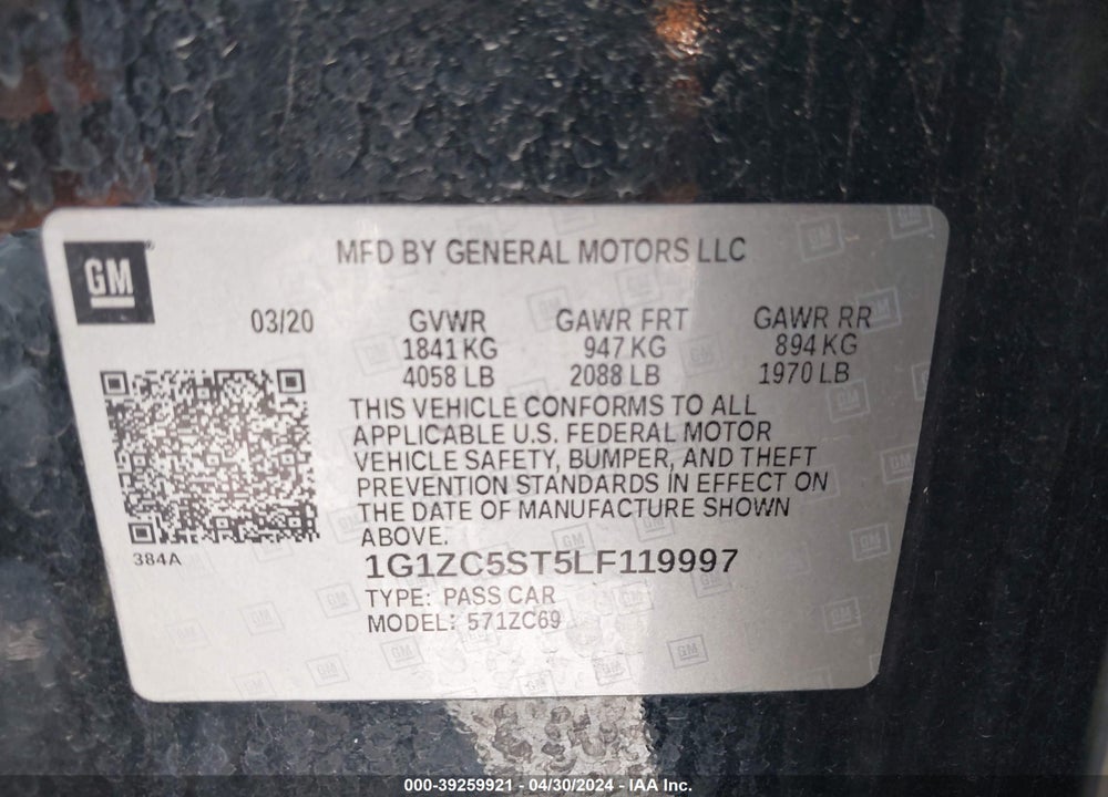 2020 CHEVROLET MALIBU FWD 1FL VIN: 1G1ZC5ST5LF119997