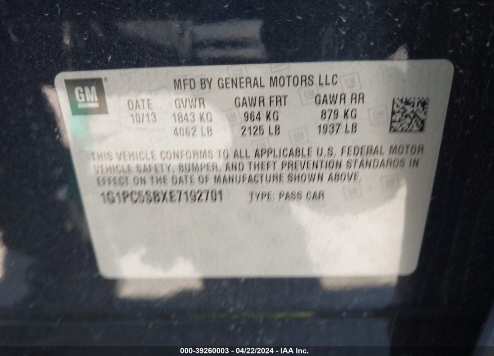 2014 CHEVROLET CRUZE 1LT AUTO VIN: 1G1PC5SBXE7192701