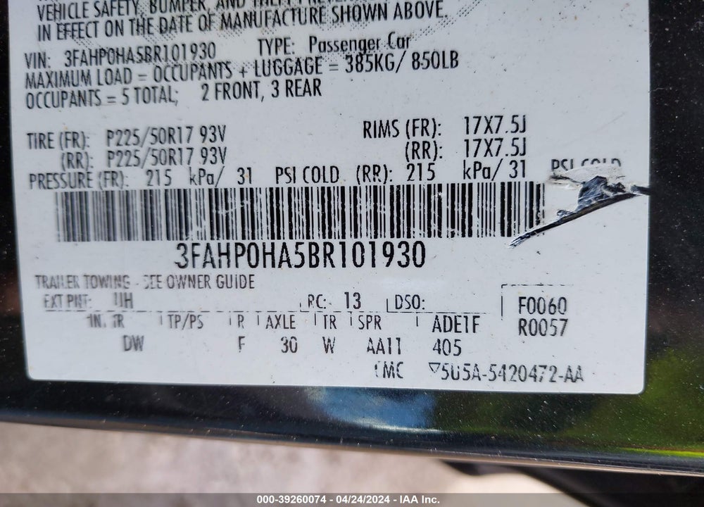 2011 FORD FUSION SE VIN: 3FAHP0HA5BR101930