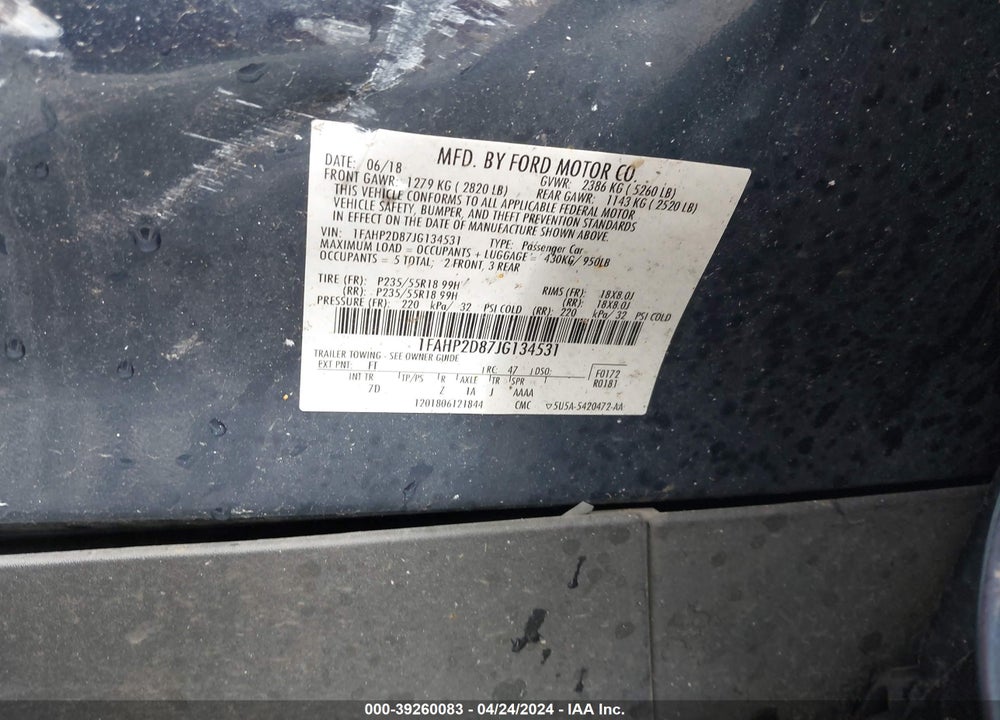 2018 FORD TAURUS SE VIN: 1FAHP2D87JG134531