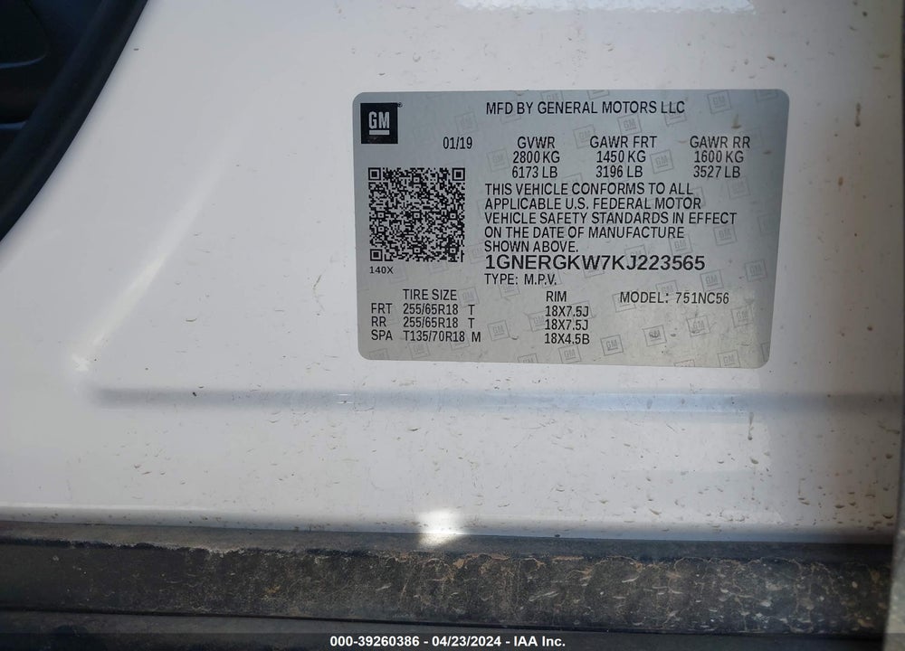 2019 CHEVROLET TRAVERSE 1LT VIN: 1GNERGKW7KJ223565