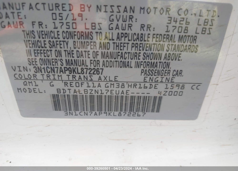 2019 NISSAN VERSA 1.6 SV VIN: 3N1CN7AP9KL872267