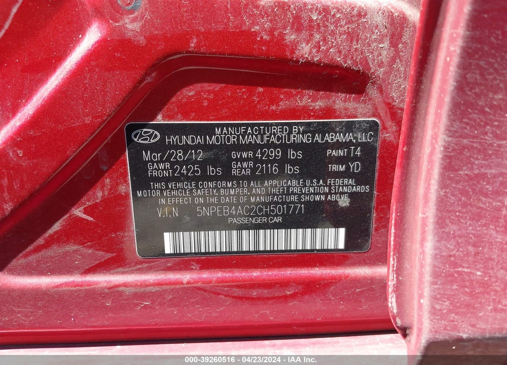 2012 HYUNDAI SONATA GLS VIN: 5NPEB4AC2CH501771
