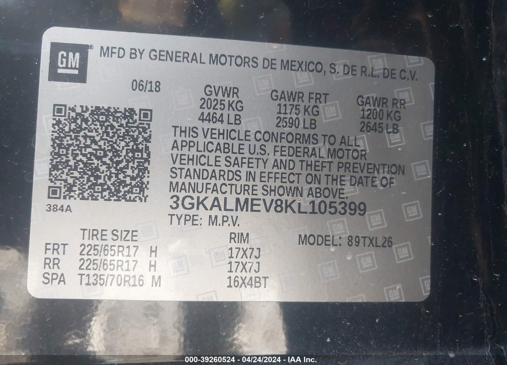 2019 GMC TERRAIN SLE VIN: 3GKALMEV8KL105399