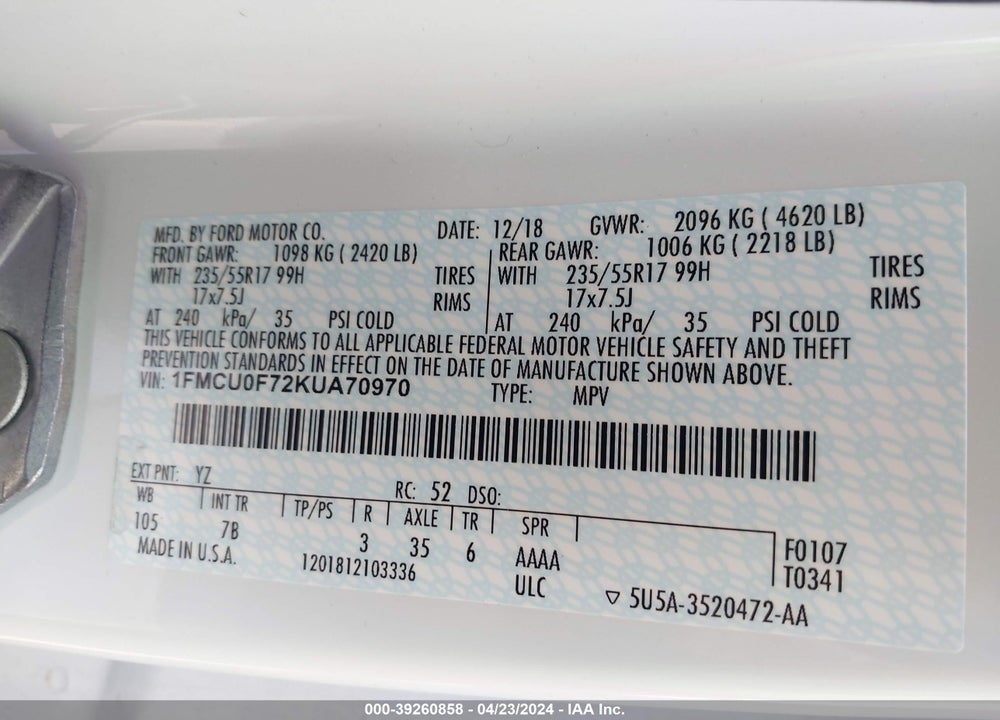 2019 FORD ESCAPE S VIN: 1FMCU0F72KUA70970